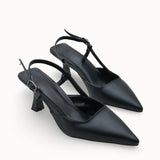 Loventino Evelniel Kadın Arkası Açık Sivri Burun Stiletto 001209 Siyah Cilt, şık ve lüks tasarımıyla kadınların zarif ayakkabı tercihi.