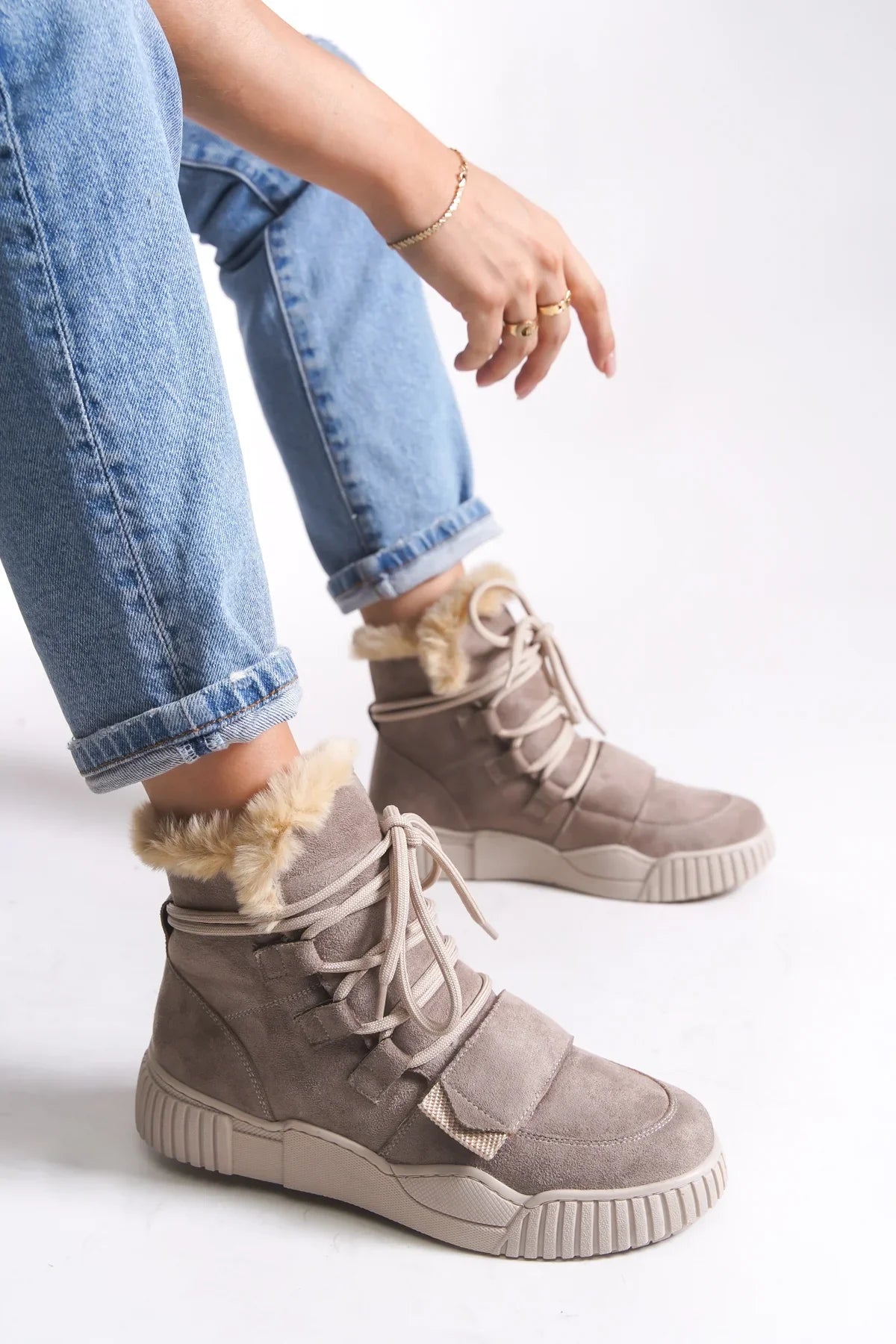 Riccon Pyriseth Kadın İçi Kürklü Sneaker Bot 0012711 Vizon Süet